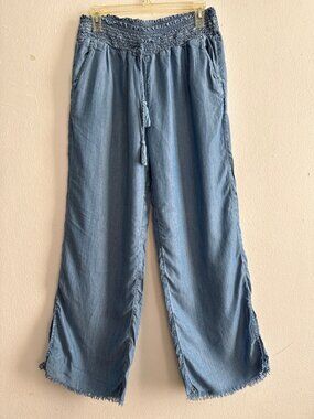 Aerie Chambray Wide Leg Pants Ruched Waist Tassel Drawstring Frayed Hem Sz M